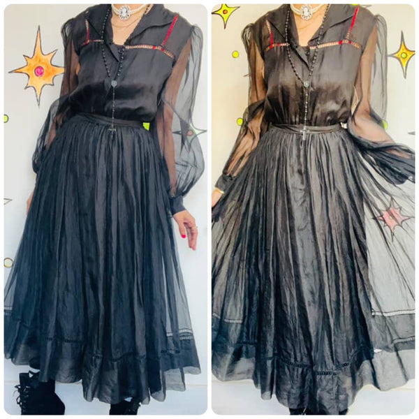 Antique 1910s | Black Sheer Tulle Gown Dress | Edwardian Vintage | Witchy Goth S