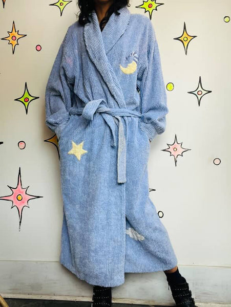 Vintage 80s 90s Celestial Moon & Stars Fuzzy Plush Bath Robe - Size L