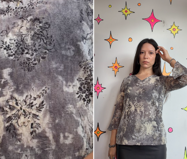 Romantic Goth Lace Mesh Gray Baroque Floral Sheer Whimsigoth Victorian Top M/L