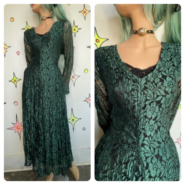 Vintage 90s Green Gauzy Lace Goth Dress Whimsy Goth Witchy Boho L