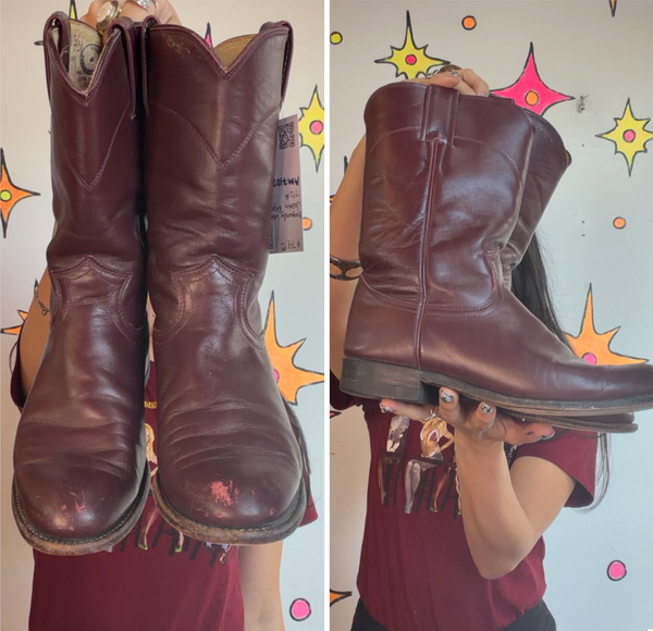 Vintage Justin Burgundy Leather Cowboy Boots Western Roper Cowgirl Boots 7.5A