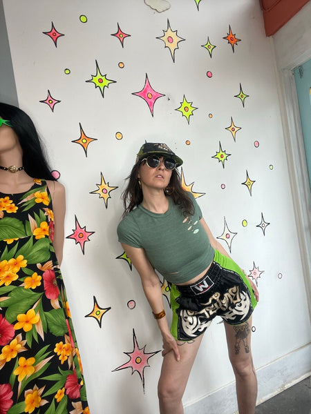 Y2K Indie Sleaze Muay Thai Boxing Shorts | Neon Green Emo Grunge Rave Sporty - S