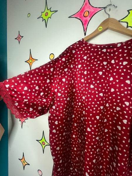 Vintage 90s Y2K Silky Red Hearts Satin Robe Fairy Grunge XL+