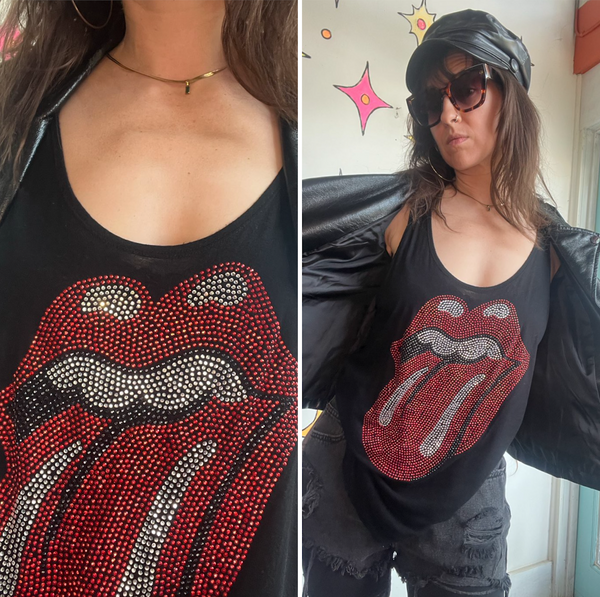 Vintage Rolling Stones Rhinestone Tank | Glam Rock Band Tee Bling Concert Top L