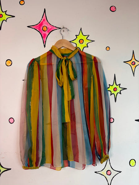 Archival 2002 Dolce & Gabbana Silk Rainbow Stripe Bow Blouse Circus Clowncore ML
