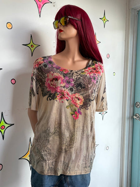 Vintage Y2K Affliction-Style Boho Grunge Fairy Tattoo Tee Embellished McBling XL