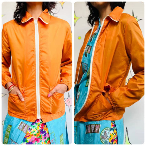 Vintage 60s 70s Groovy MOD Grunge Orange Retro Sporty Nylon Windbreaker Jacket S
