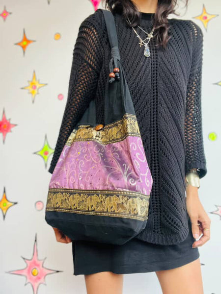 Vintage Beaded Black Gold & Purple Boho Fairy Grunge Tote Bag - Elephant Print