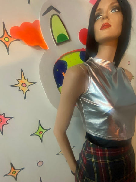 Silver Metallic Crop Top Cyber Grunge Galaxy Rave Tank Y2K Disco Future Glam L