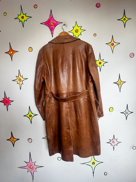 Vintage 70s Brown Leather Coat | Long Trench-Style Jacket | Worn-In Patina ML