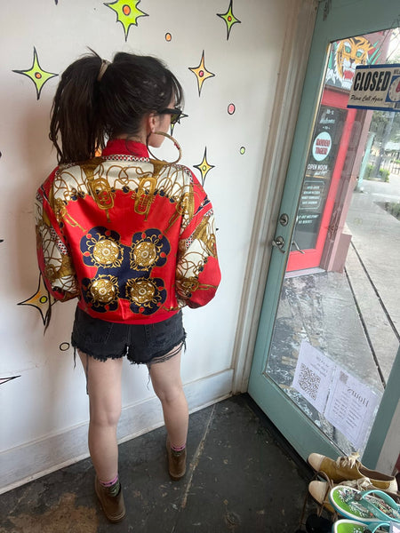Vintage 80s Red Baroque Bomber Jacket Regal Scarf Print Statement Coat XL+