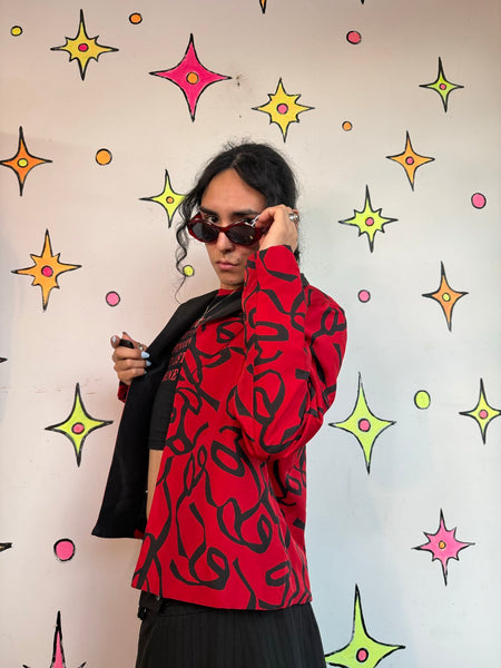 Vintage 80s 90s Silk Blazer Red Black Abstract Art Whimsy Goth Jacket Blazer M