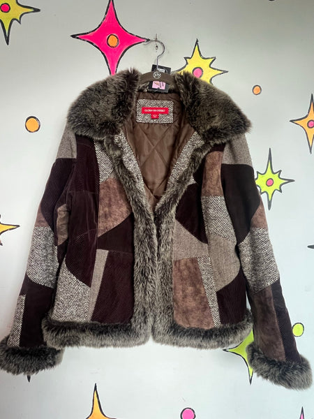 Y2K Penny Lane Faux Fur Patchwork Coat Boho Glam Western Festival Luxe L