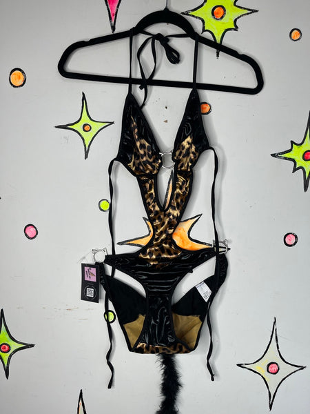 Y2K Leopard Print Kitty Teddy Play Suit Lingerie Bodysuit - M