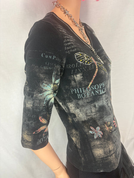Vintage Y2K Grunge Fairy Whimsy Goth Tattoo Print Bling Wearable Art Top - M