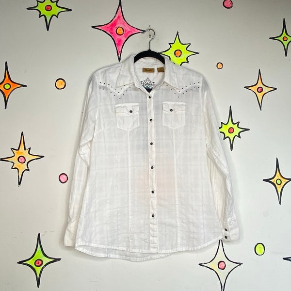 Vintage Y2K White Bedazzled Cross Western Pearl Snap | McBling Cowgirl M