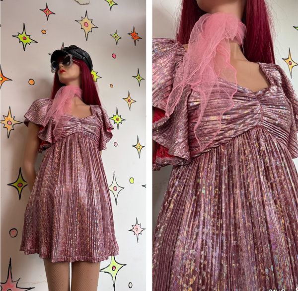 Pink Retro 60s 70s Metallic Mini Go-Go Dress Space Age Glam Party S
