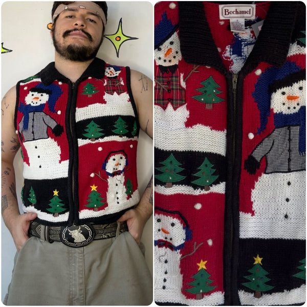 Vintage 80s 90s Retro Blue Snowman Zip Up Ugly Christmas Party Sweater Vest | S