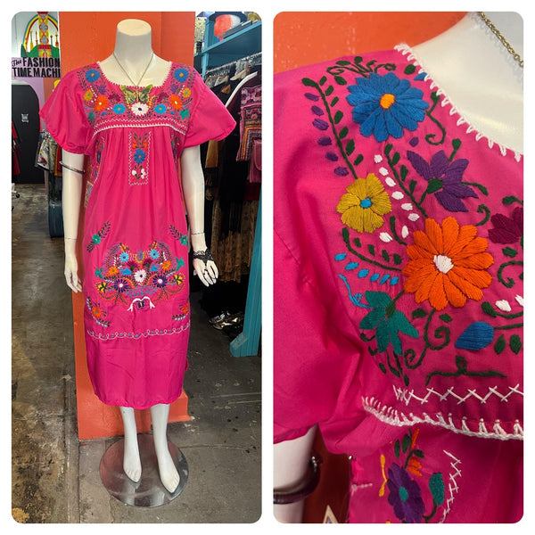 Vintage 60s 70s | Pink Boho Oaxacan Mexican Hand Embroidered Festival Dress