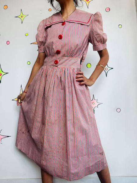 Vintage 1940s Striped Nautical Sailor Costume Dress Handmade Pinup Seaside 6 - 8