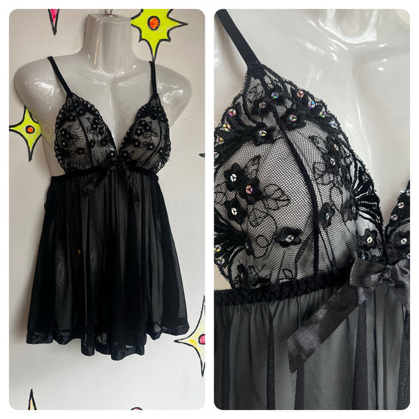 Y2K | Victoria's Secret Fairy Goth Lingerie Babydoll Black Nighty Slip | Small