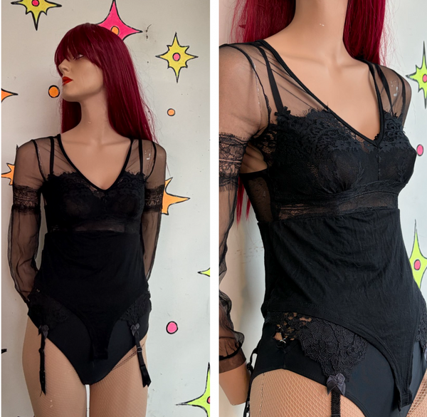 Vintage Gothic Black Lace Bodysuit Sheer Viscose Goth Grunge Lingerie Top S