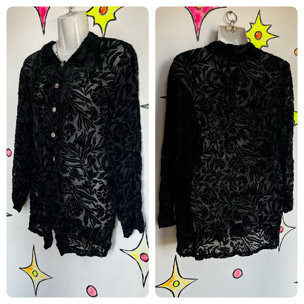 Vintage 90s Y2K | Black Fairy Grunge Whimsy Goth Velvet Burnout Blouse Top | M