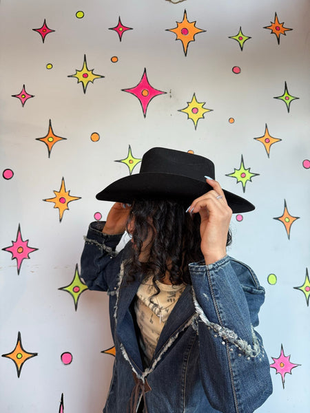 Black Western Wool Cowboy Hat Suede Look Ranch Cowboycore Fedora M/L