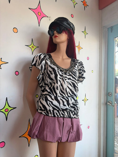 Y2K Zebra Print Bubble Hem Top McBling Glam Animal Print Party Blouse M