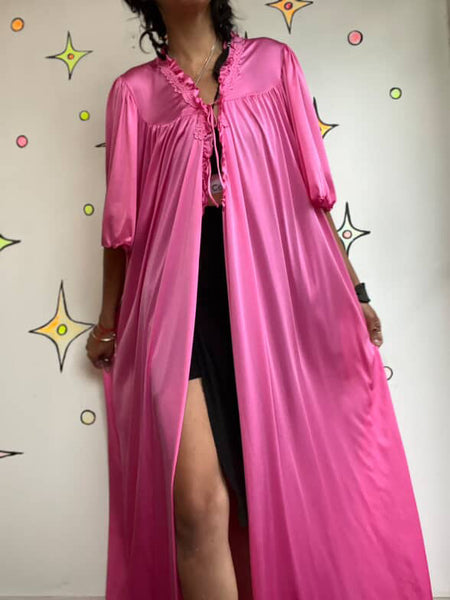 Vintage 60s 70s Babydoll Grunge Pink Nylon Nighty Robe w Bow