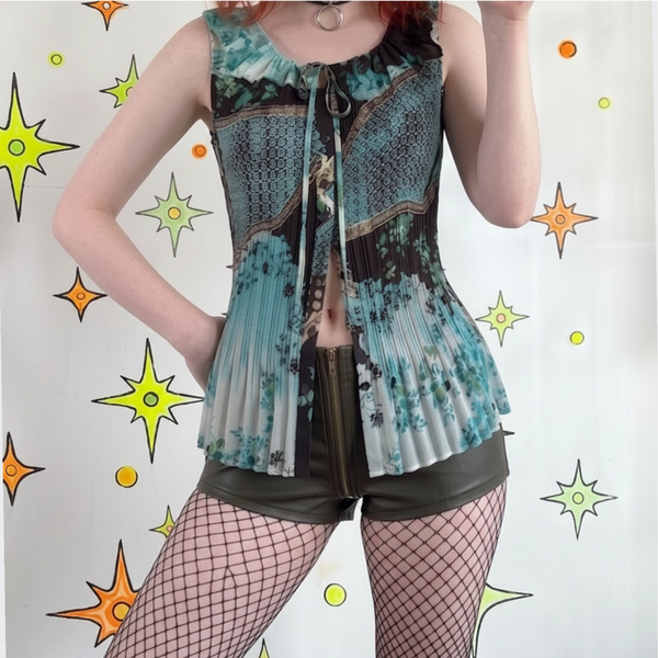 Pastel Turquoise Pleated Ruffled Floral Blouse Whimsy Fairy Soft Grunge Top L