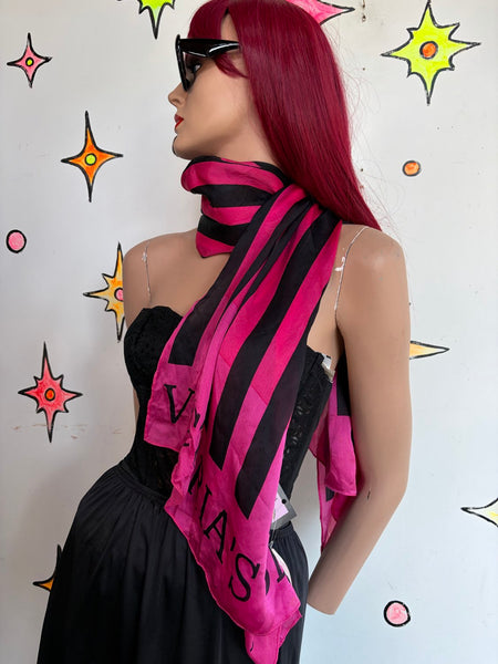 Vintage Y2K Victoria's Secret Hot Pink & Black Striped Silk Scarf Luxe Glam