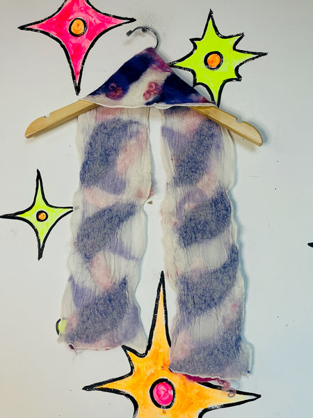 90s Nuno-Felted Abstract Art Scarf – White, Purple & Pink Fuzzy Fairy Grunge