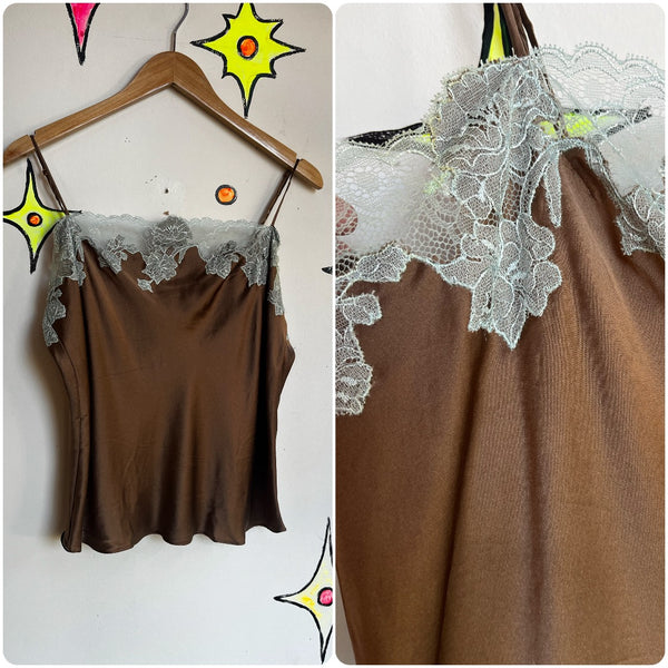 Vintage Y2k |Brown Blue Lace Fairy Grunge Indie Sleaze Cami Camisole Top | M