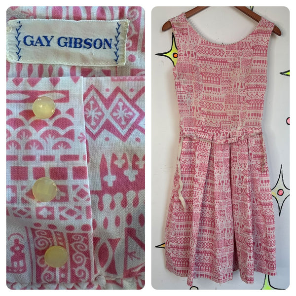 Vintage 50s Pink Novelty Tiki Babydoll Ruffle Kawaii Cotton Day Dress - Small