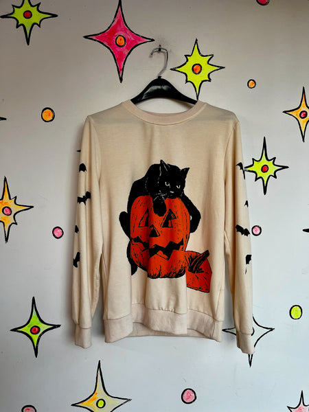 Vintage Halloween Sweater Witchy Black Cat and Pumpkin Size M