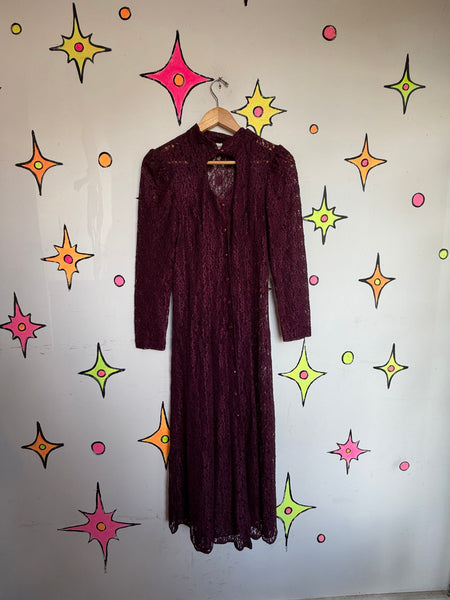 Vintage 90s Merlot Lace Maxi Dress Sheer Romantic Goth Prairie Fairy Grunge - S