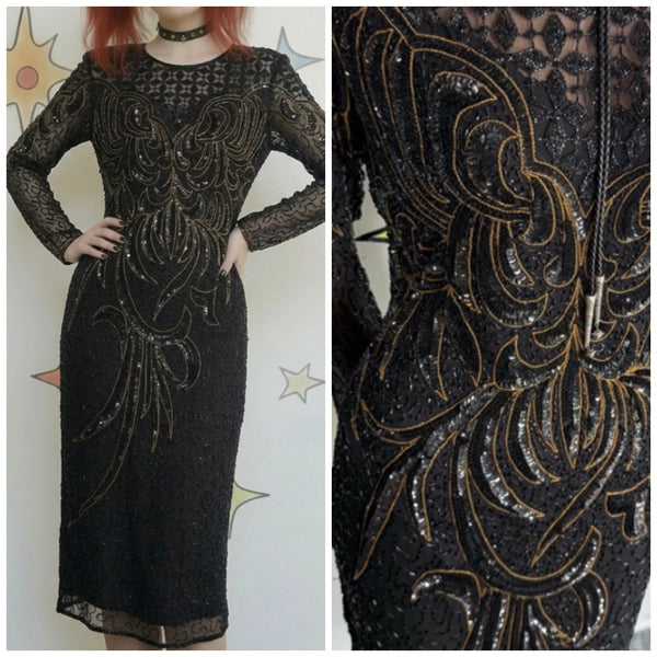 80s Black & Gold Fully Beaded Silk Gown Old Money Glam Mob Wife Cocktail Dress M