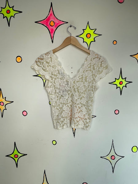 Vintage 90s | Off White Sheer Lace Rococo Babydoll Steampunk Crop Top Blouse | S