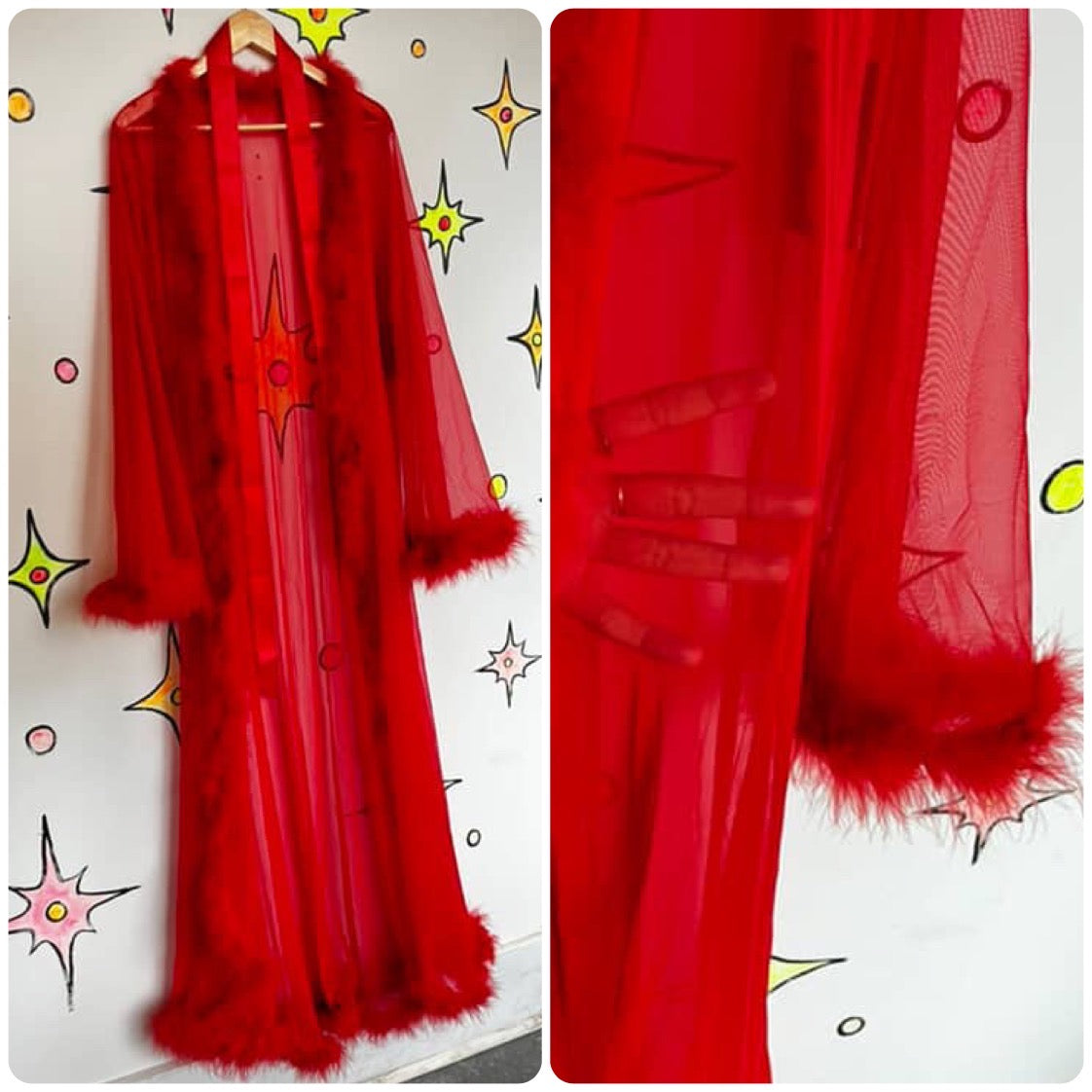 Vintage Red Sheer Feather Trim Old Hollywood Glam Vamp Robe Kimono