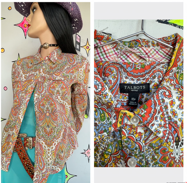 Talbots Paisley Button Up Shirt Rainbow Western Retro Layer Top Boho Vintage M