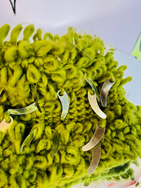 Vintage 1960s Green Shaggy Crochet Sequin Hat | Made in Japan | Wearable Art