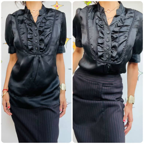 Vintage 90s Y2K | Black Silky Preppy Goth Glam Dark Academia Blouse | Size S