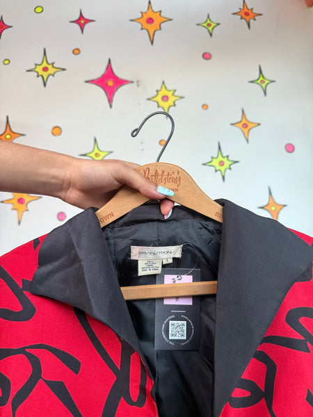 Vintage 80s 90s Silk Blazer Red Black Abstract Art Whimsy Goth Jacket Blazer M