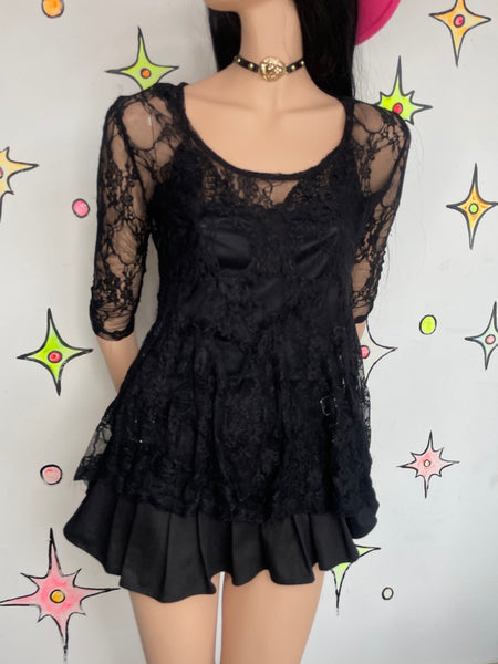 Y2K Black Lace Sheer Top | Whimsy Goth Y2K Babydoll Fairy Grunge Romantic S/M