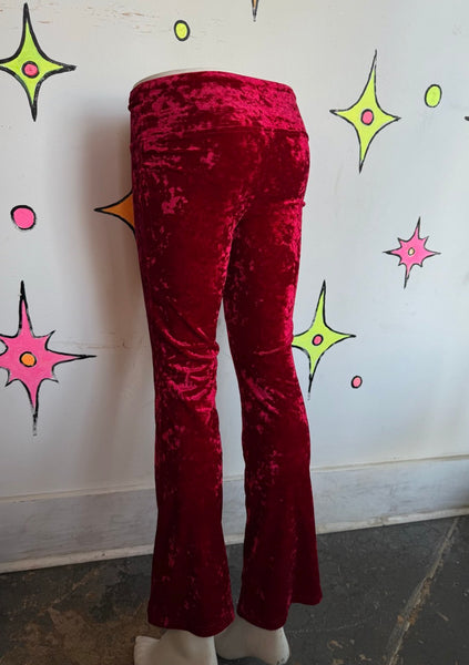 Y2K Red Velvet Flare Pants | Romantic Goth Vamp Grunge Stretch Leggings S