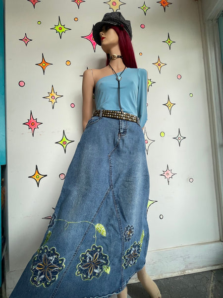 Y2K Embellished Denim Maxi Skirt Tattoo Print Patchwork Fairy Grunge Alt L