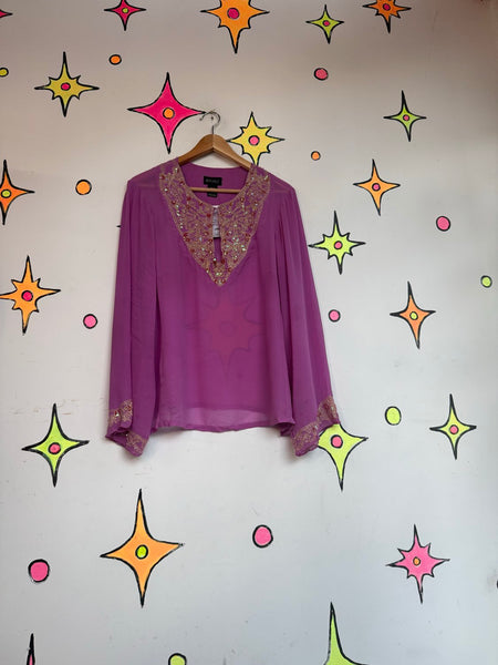 Beaded Silk Blouse Purple Gold Boho Sheer Witchy Luxe Embellished Silk Top 2X