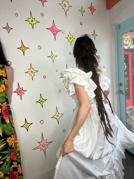 80s White Ruffle Poofy Cupcake Dress Vintage Prom Wedding Party Princess _ S