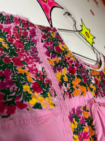 Vintage Boho Oaxacan Mexican Pink Huipil Dress - Hand Embroidered Floral M/L